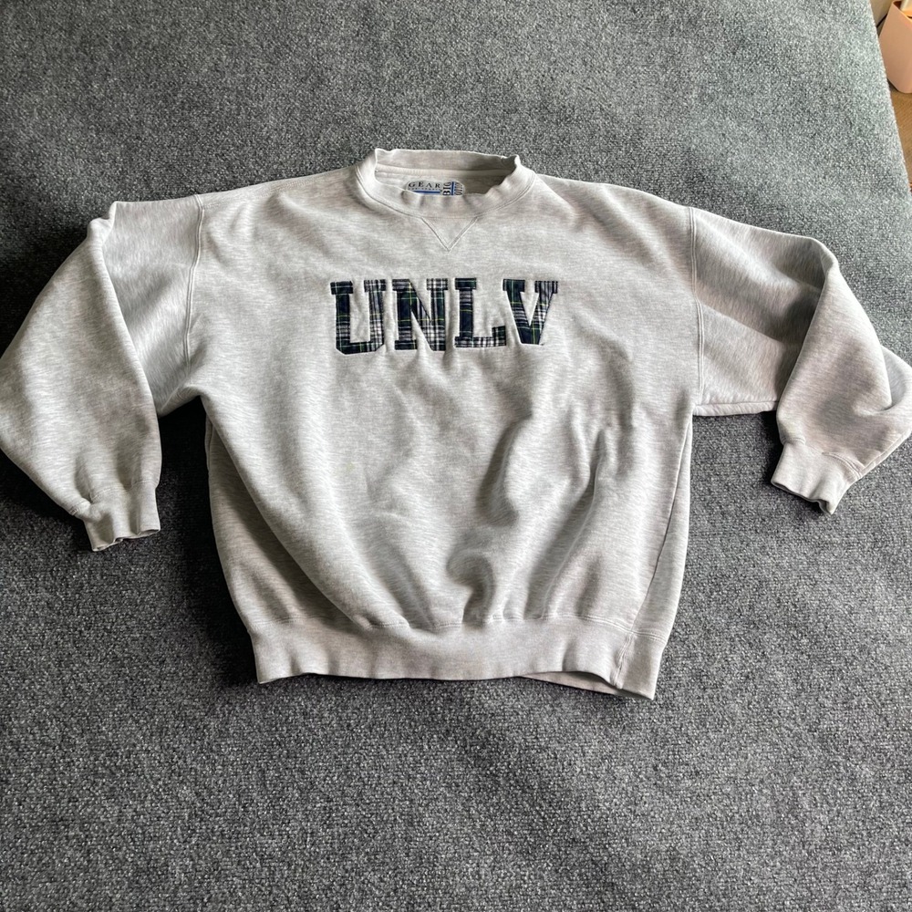 Vintage Gear For Sports UNLV Big Cotton Grey Plaid Applique Sweatshirt Mens L